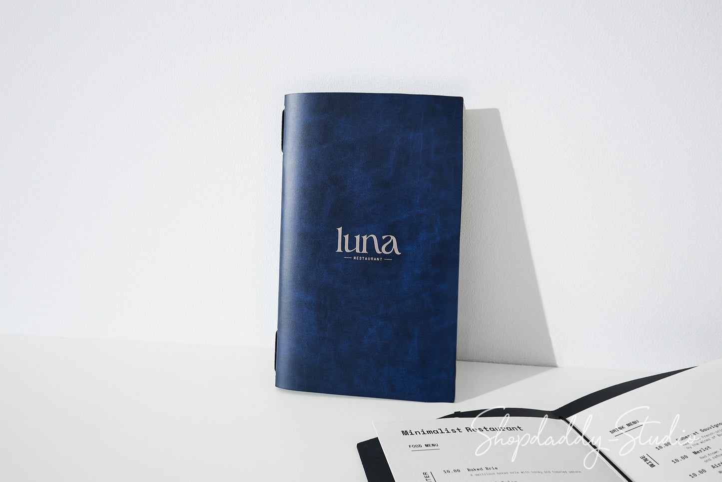 Blue Recycled Leather Menu Cover with Elastic Band for Menu Presentation