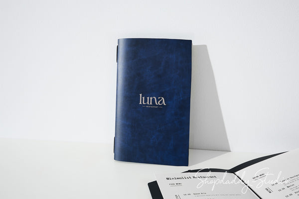 Blue Recycled Leather Menu Cover with Elastic Band for Menu Presentation