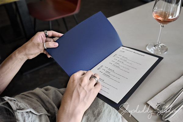 Blue Recycled Leather Menu Cover with Elastic Band with Custom Logo