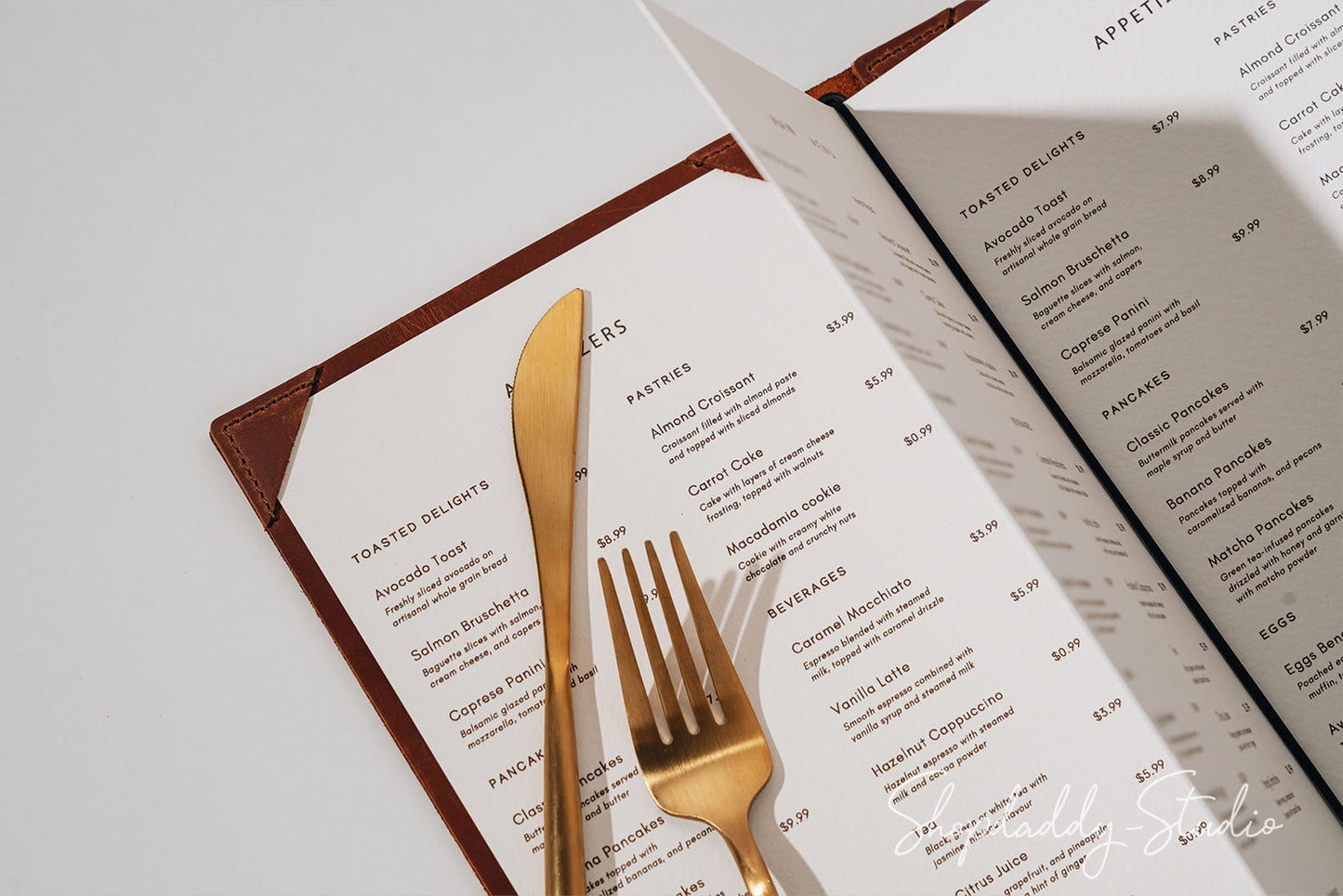 Brown Double Leather Menu Book with Corners for restaurant