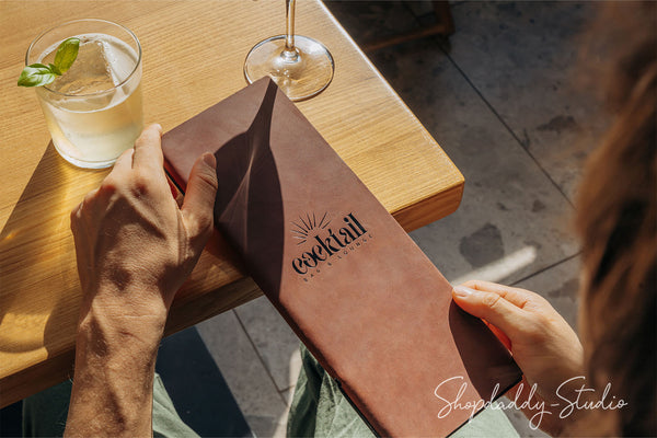 Brown Double Leather Menu Cover With Elastic Band for cafe