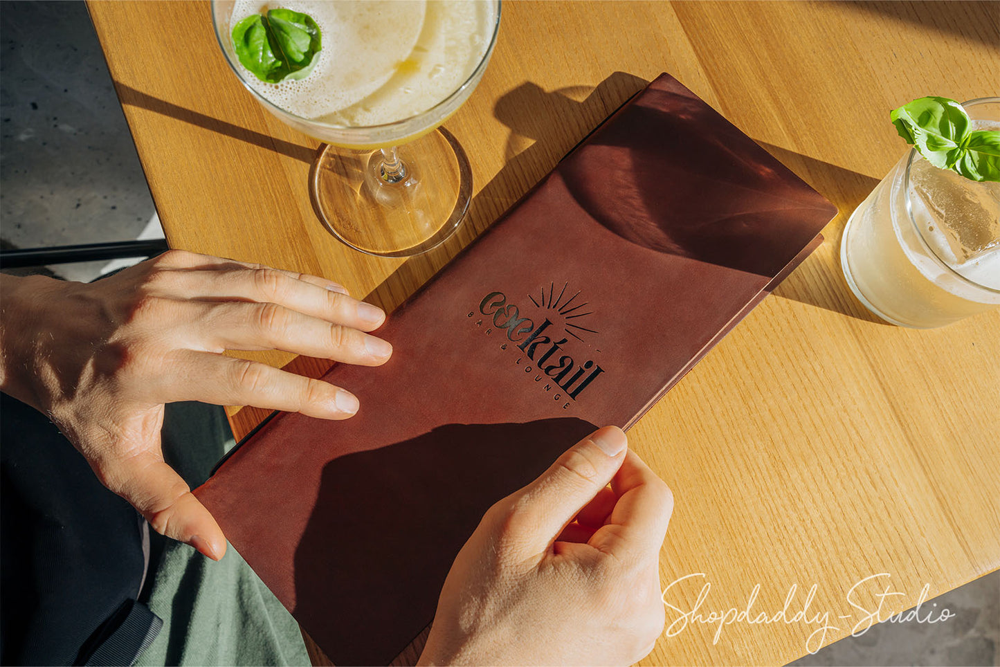 Brown Double Leather Menu Cover With Elastic Band for cocktail menu