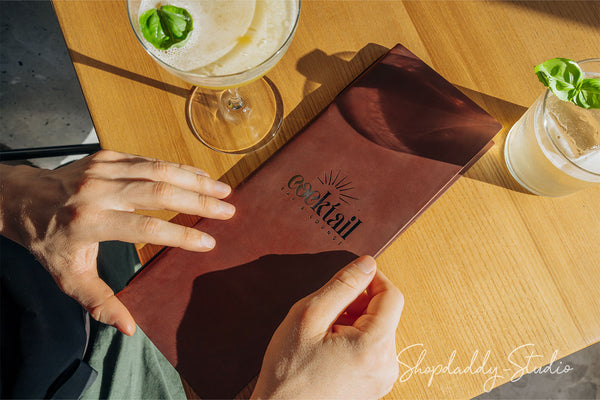 Brown Double Leather Menu Cover With Elastic Band for cocktail menu