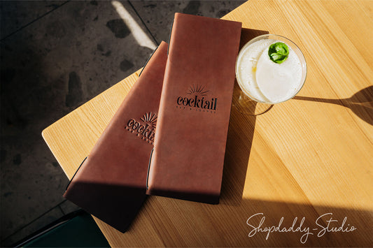 Brown Double Leather Menu Cover With Elastic Band for restaurant
