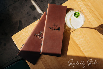 Brown Double Leather Menu Cover With Elastic Band for restaurant