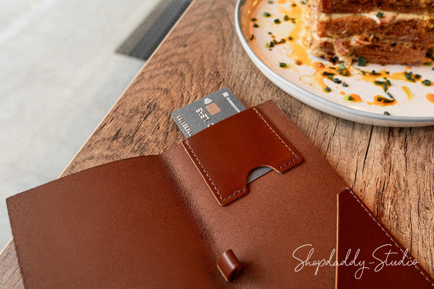 Brown Italian Leather Check Holder With Card Pocket for restaurant