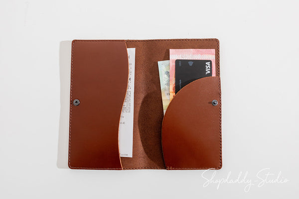 Brown Italian Leather Check Holder With Wave Pockets for bar