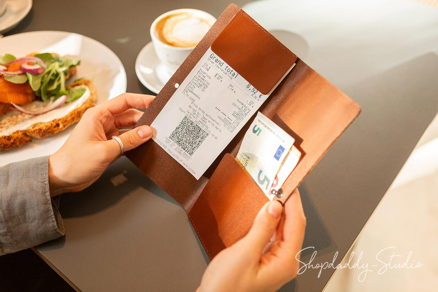 Brown Italian Leather Check Presenter With Button Stud For Restaurant
