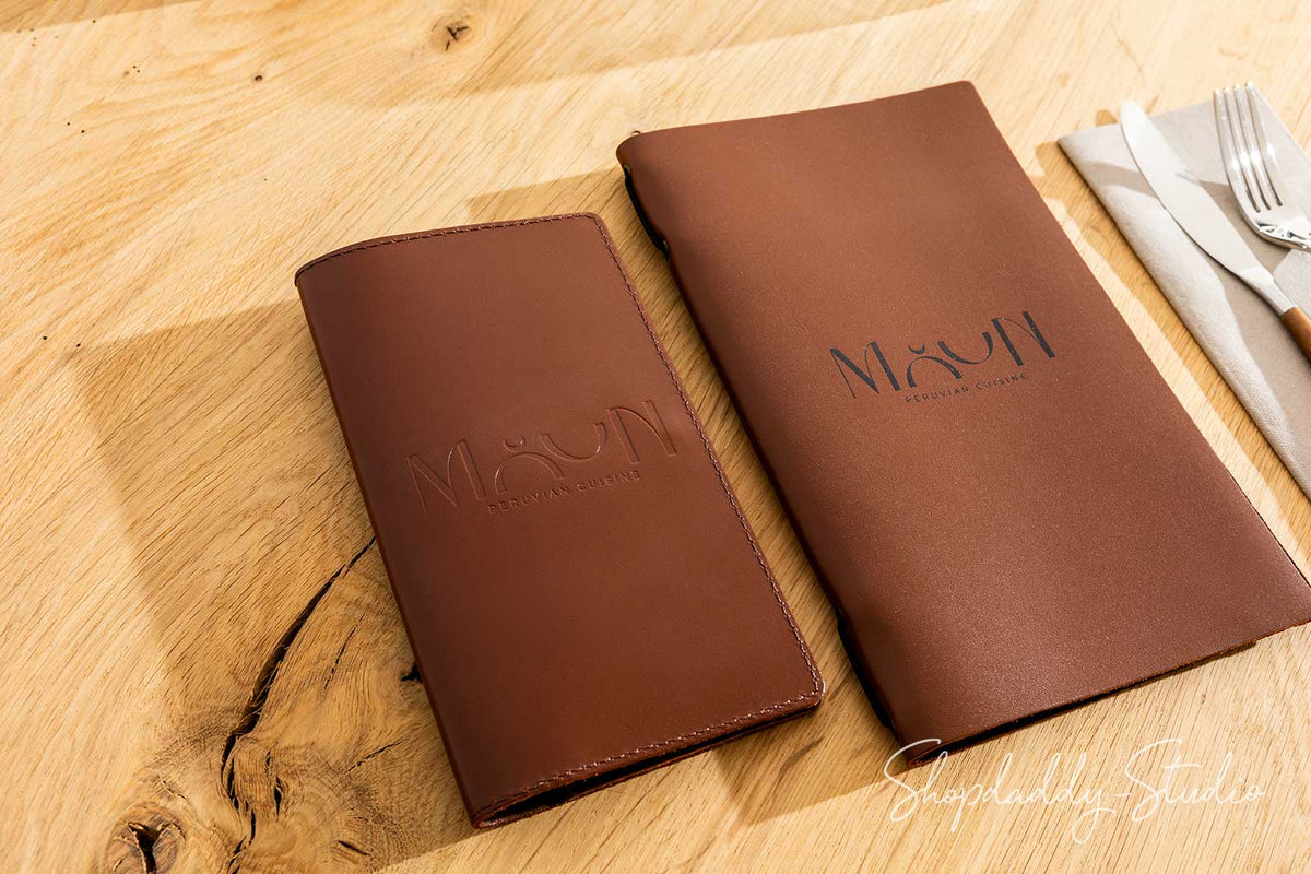 Brown Italian Leather Check Presenter With Wave Pockets for bar