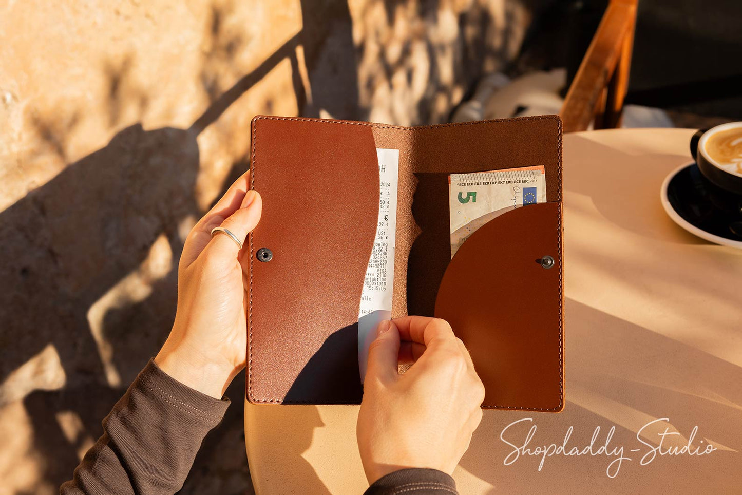 Brown Italian Leather Check Presenter With Wave Pockets for cafe