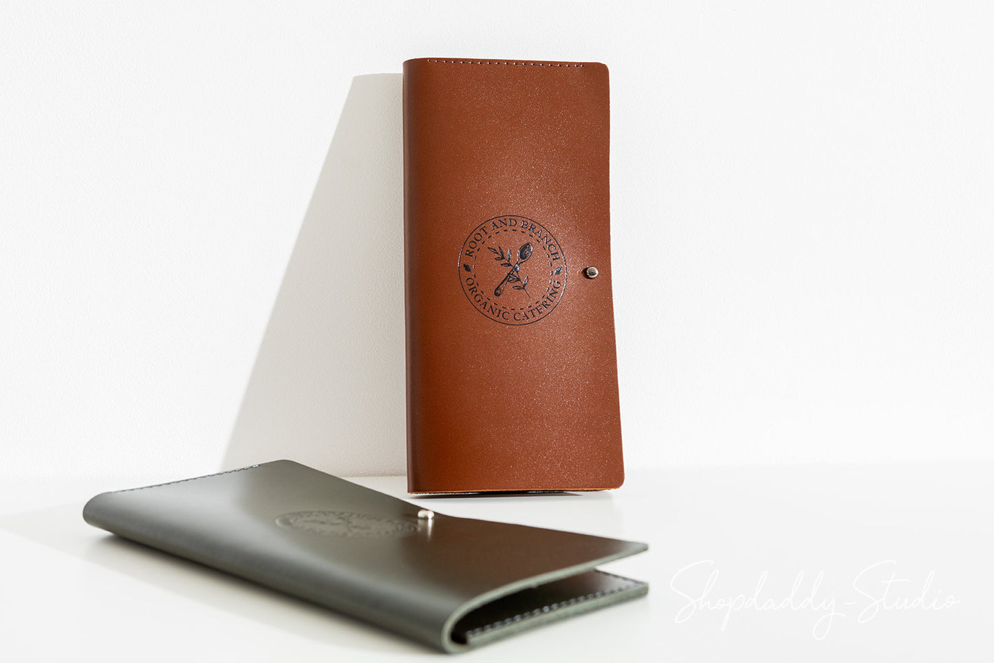 Brown Italian Leather Server Book With Button Stud For Restaurant