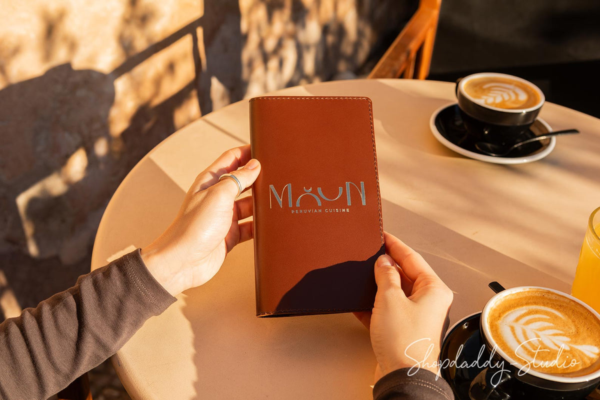 Brown Italian Leather Server Book With Wave Pockets for restaurant