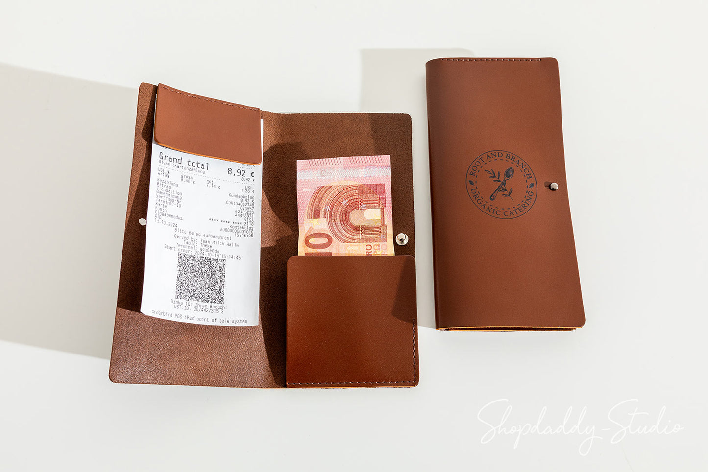 Brown Italian Leather Server Booklet With Button Stud For Cafe