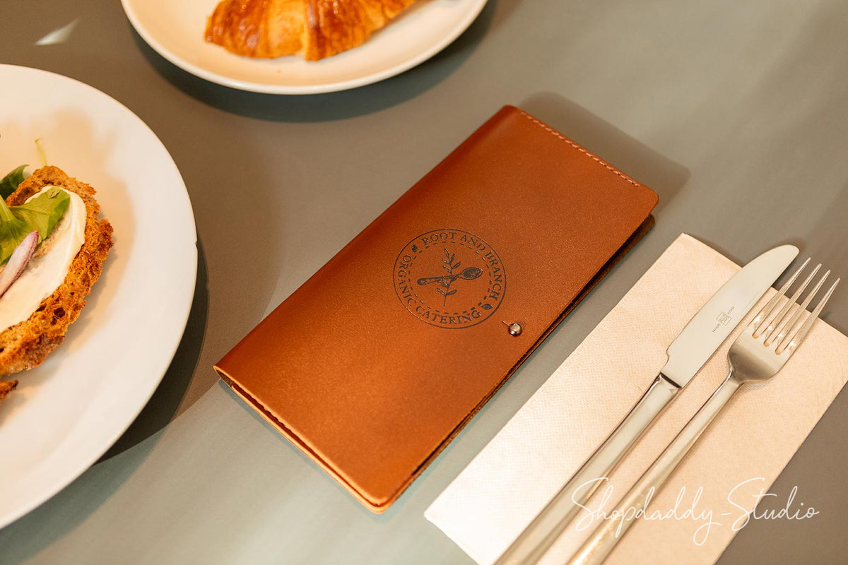 Brown Italian Leather Server Check Holder With Button Stud For Cafe