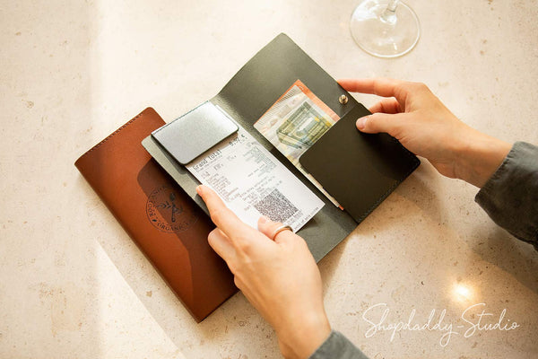 Brown Italian Leather Server Check Holder With Button Stud For Restaurant