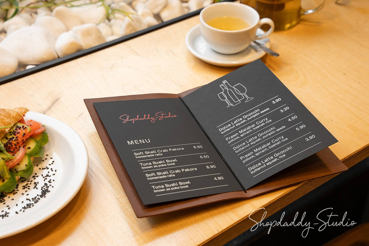 Brown Leather Menu Book with Topographic Pattern for restaurant