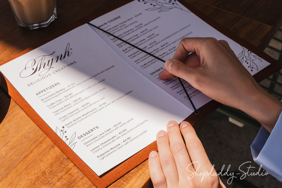 Brown Leather Menu Cover with Elastic Band for Cafes and Bars