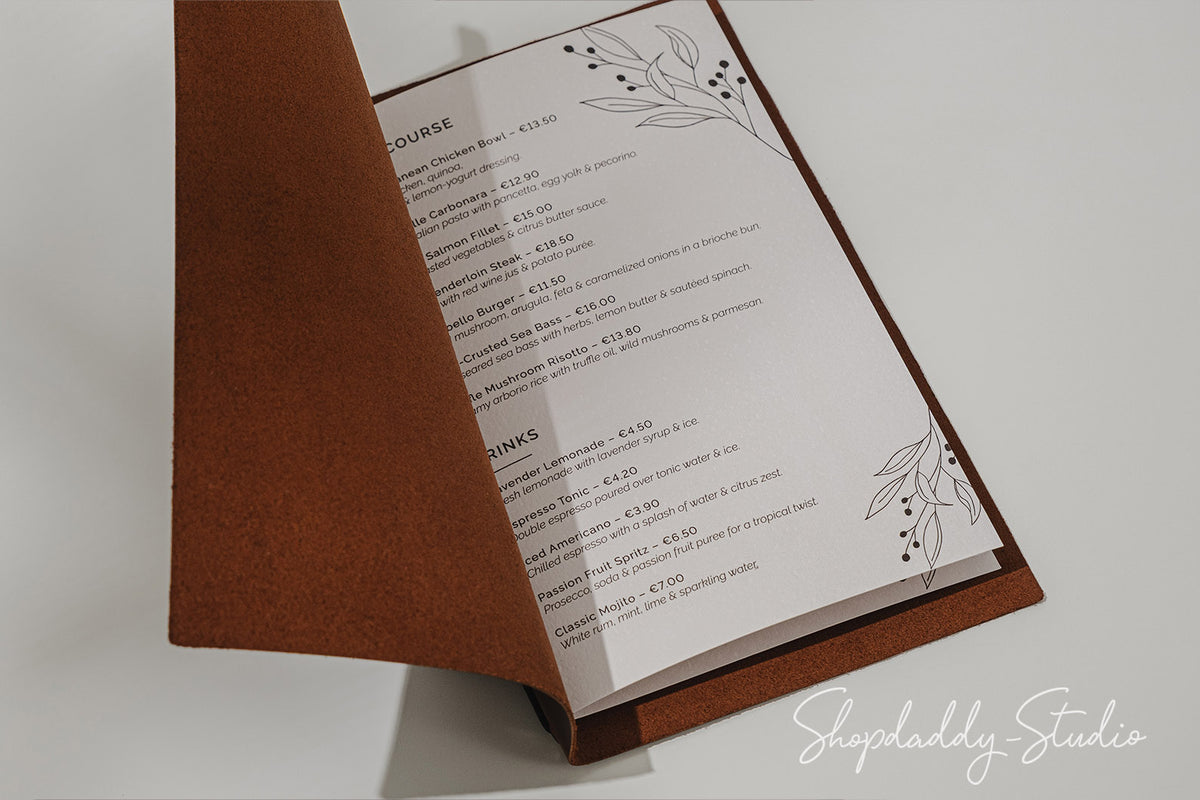 Brown Leather Menu Cover with Elastic Band for Hospitality