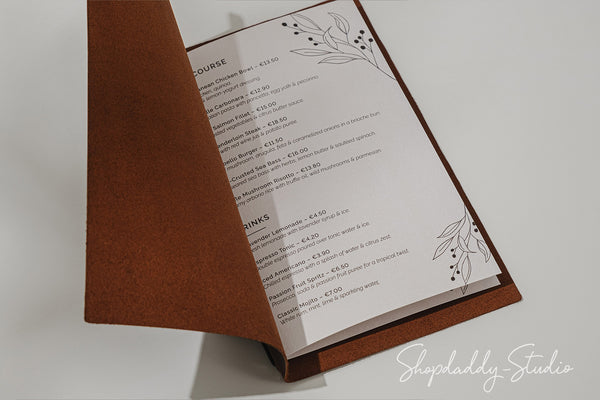 Brown Leather Menu Cover with Elastic Band for Hospitality