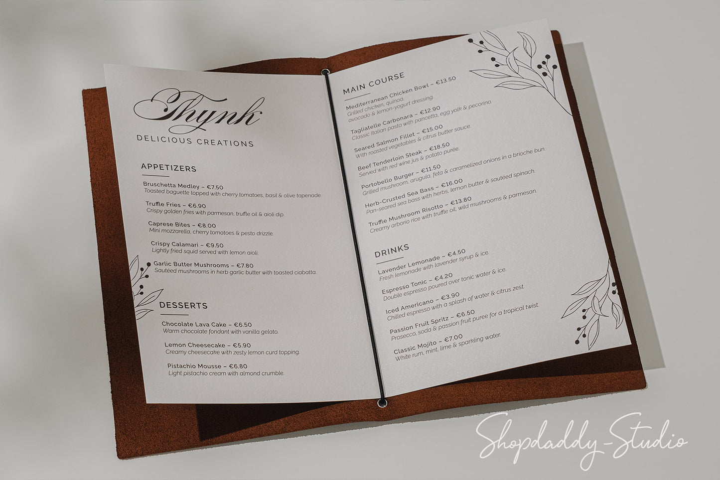 Brown Leather Menu Cover with Elastic Band with Custom Logo