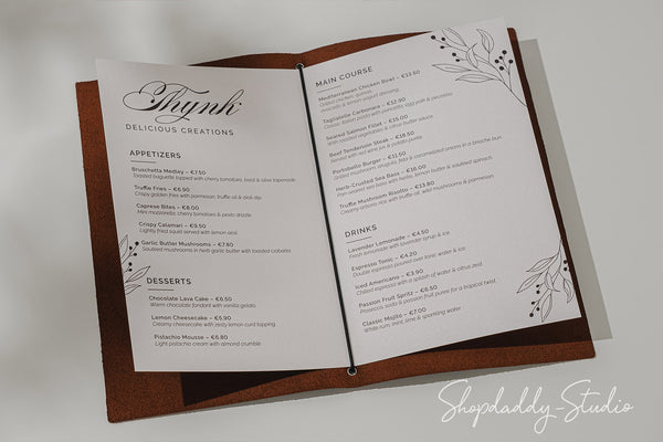 Brown Leather Menu Cover with Elastic Band with Custom Logo