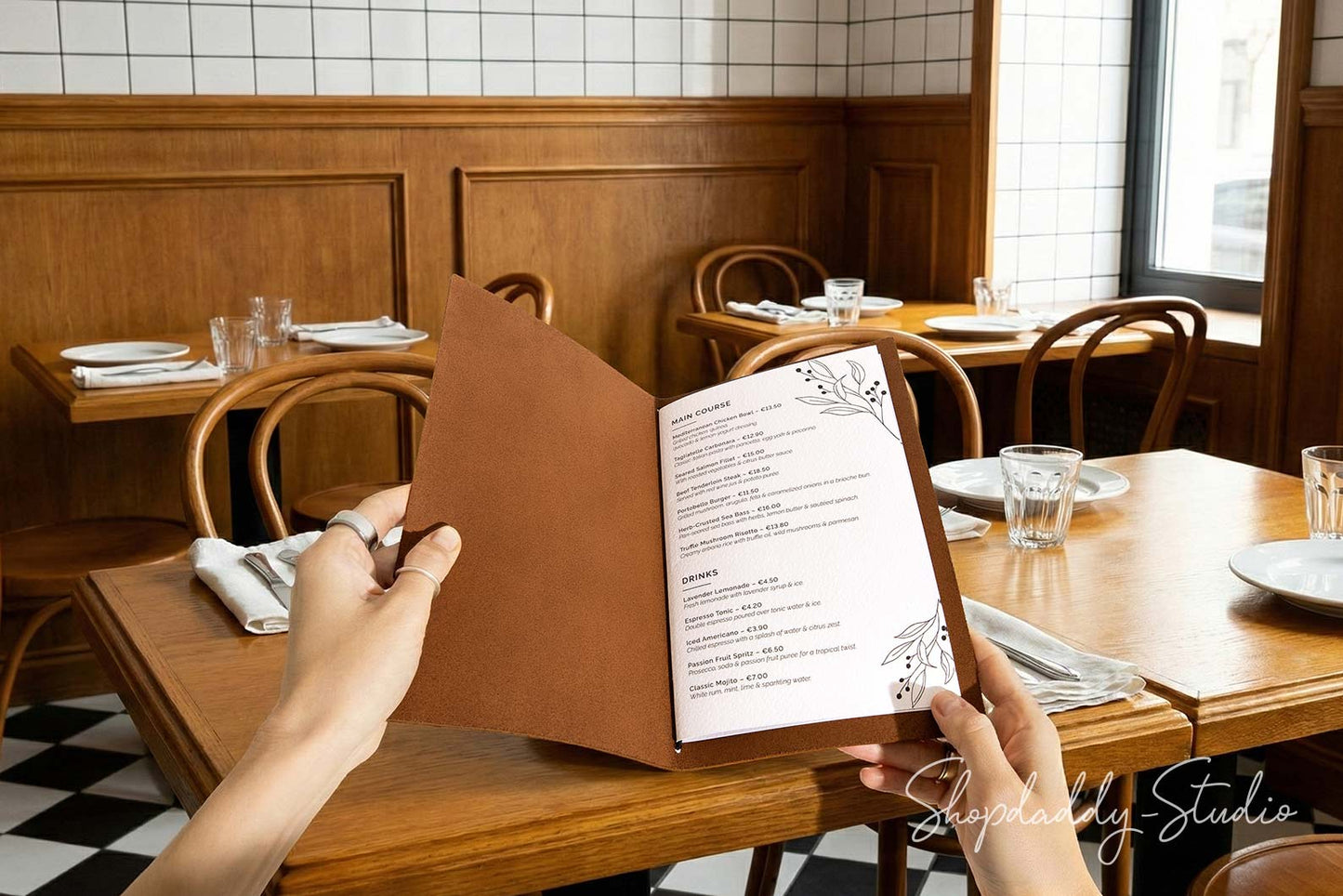 Brown Leather Menu Cover with Woven Pattern for Food and Drink Menu