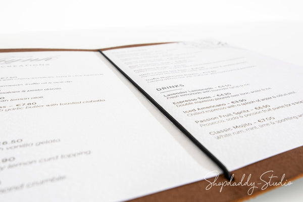 Brown Leather Menu Cover with Woven Pattern menu book