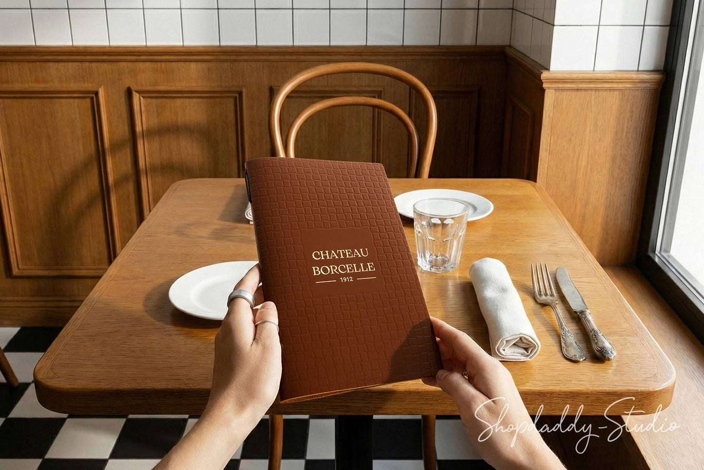 Brown Leather Menu Cover with Woven Pattern restaurant supplies