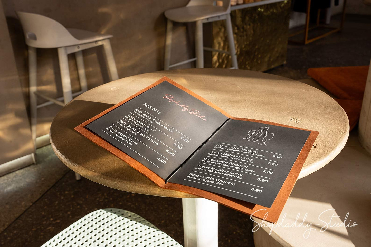 Brown Leather Menu Folder with Topographic Pattern for restaurant