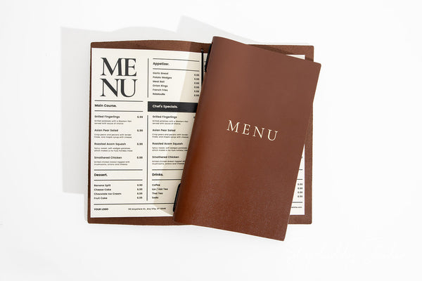 Brown Leather Menu Holder with Elastic Band 