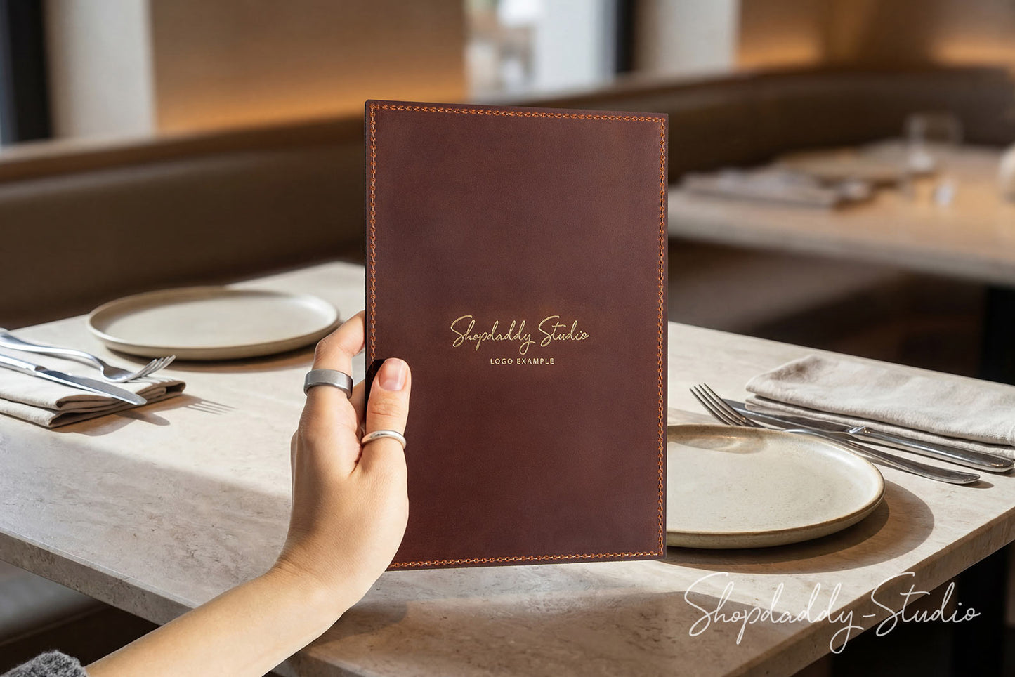 Brown Leather Menu Holder with Top & Bottom Pockets for Cafes and Bars