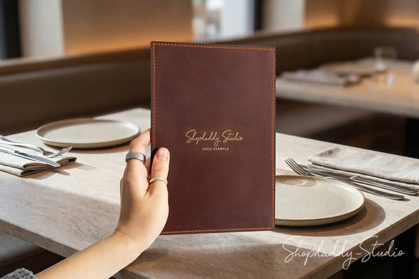 Brown Leather Menu Holder with Top & Bottom Pockets for Cafes and Bars