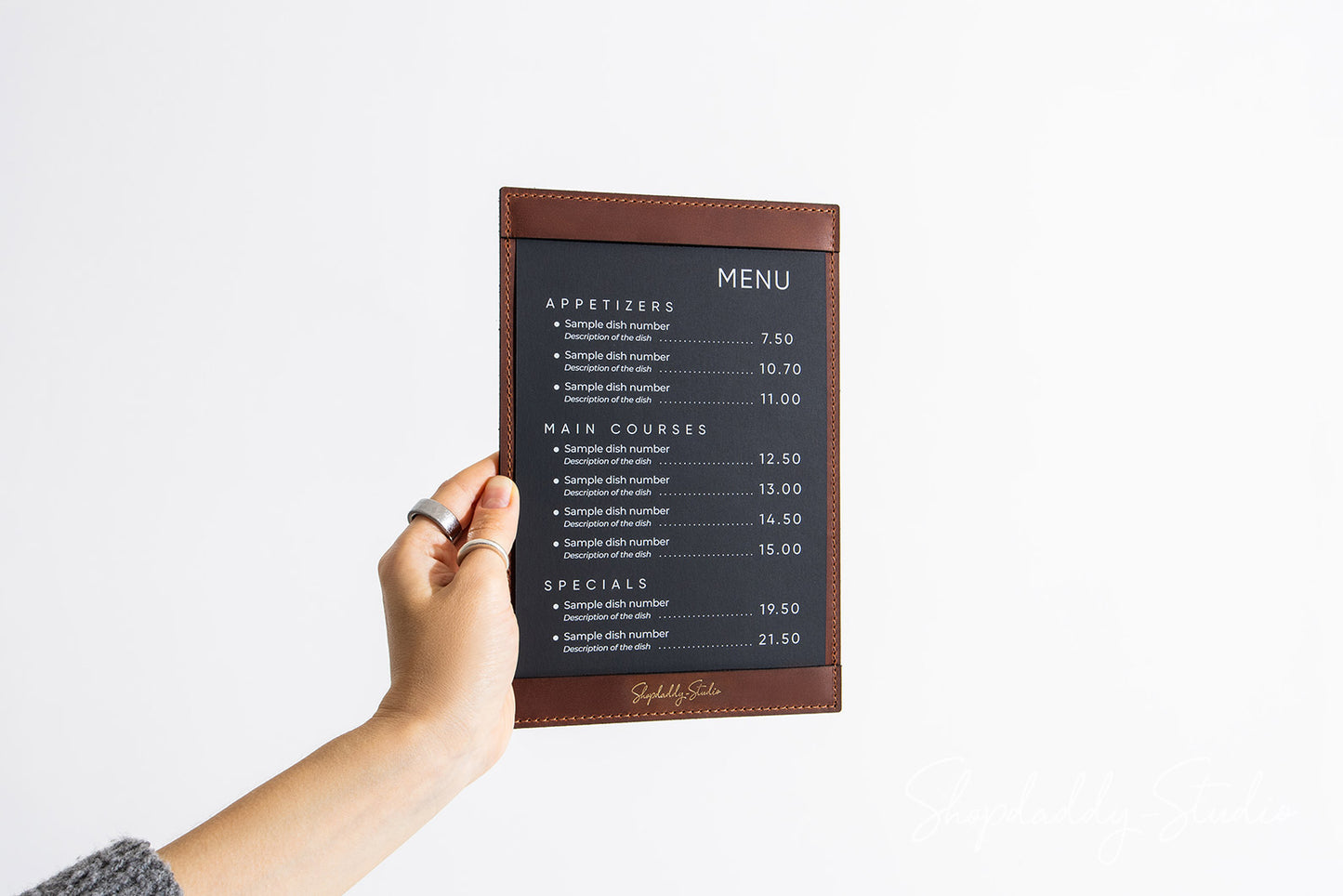 Brown Leather Menu Holder with Top & Bottom Pockets for Hotels