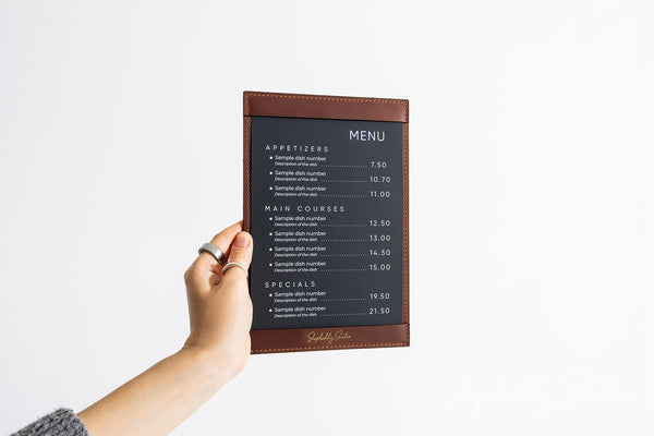 Brown Leather Menu Holder with Top & Bottom Pockets for Hotels