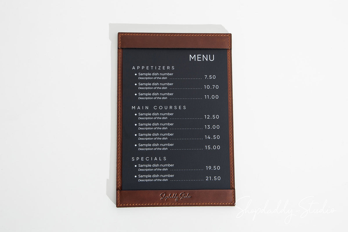 Brown Leather Menu Holder with Top & Bottom Pockets for Menu Presentation