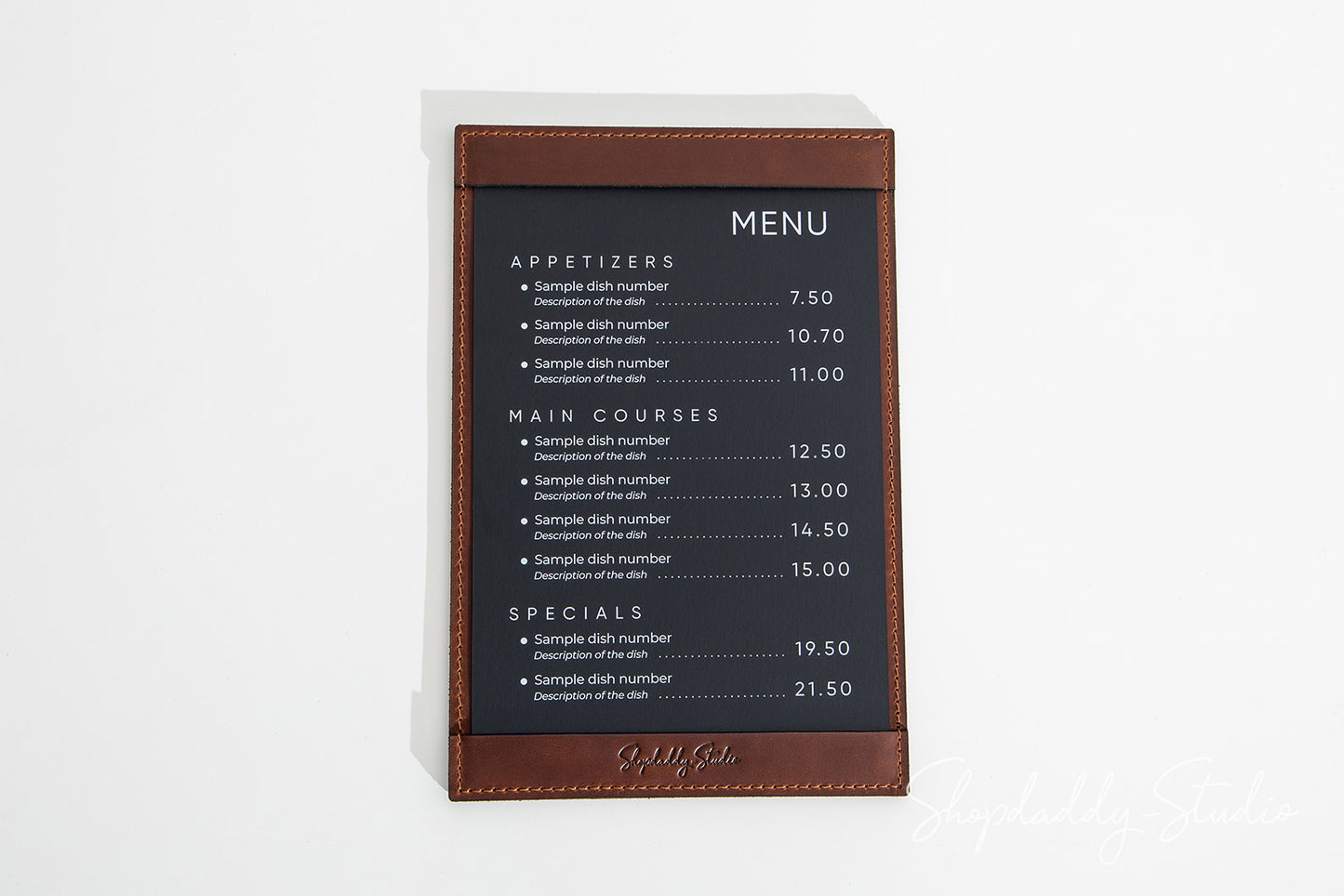 Brown Leather Menu Holder with Top & Bottom Pockets for Menu Presentation