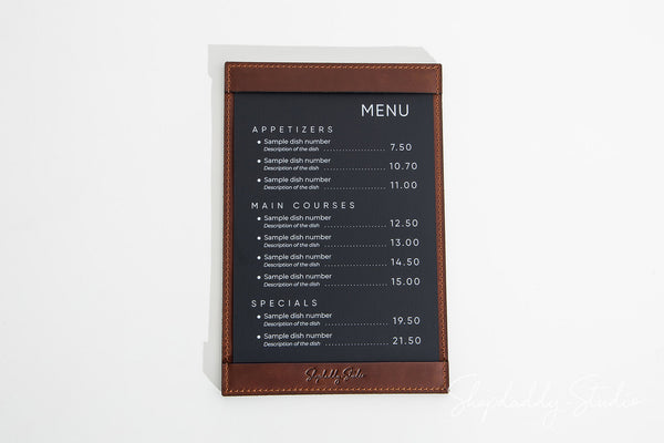 Brown Leather Menu Holder with Top & Bottom Pockets for Menu Presentation