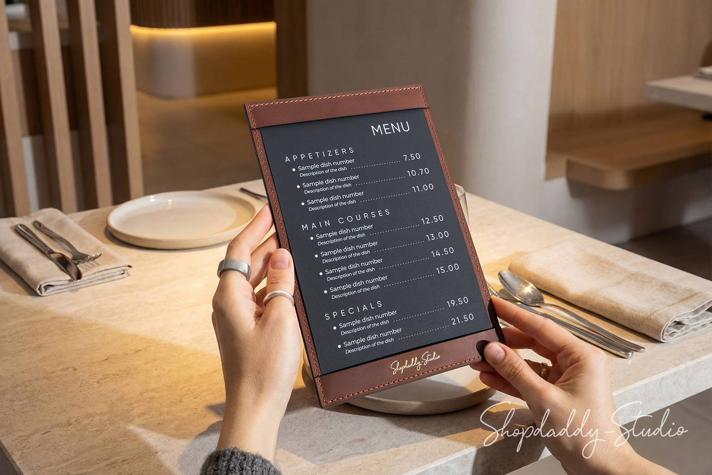 Brown Leather Menu Holder with Top & Bottom Pockets for Restaurants