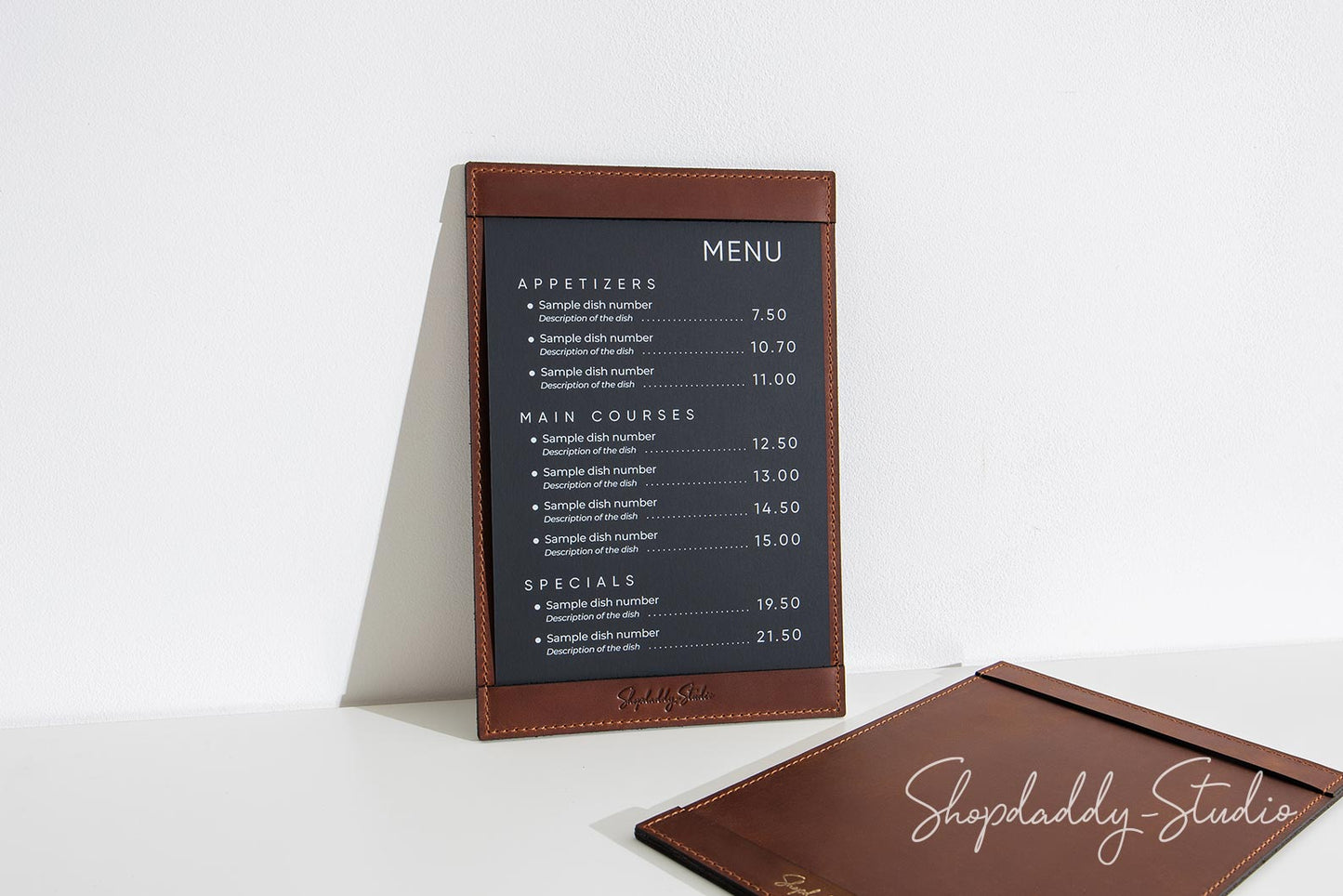Brown Leather Menu Holder with Top & Bottom Pockets with Custom Logo