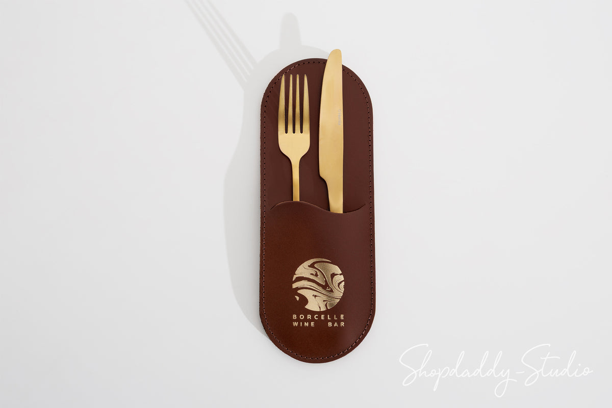 Brown Leather Rounded Cutlery Holder for Cafes and Bars