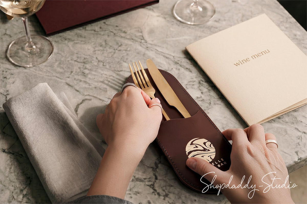 Brown Leather Rounded Cutlery Holder for Hotels