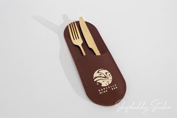 Brown Leather Rounded Cutlery Holder with Custom Logo