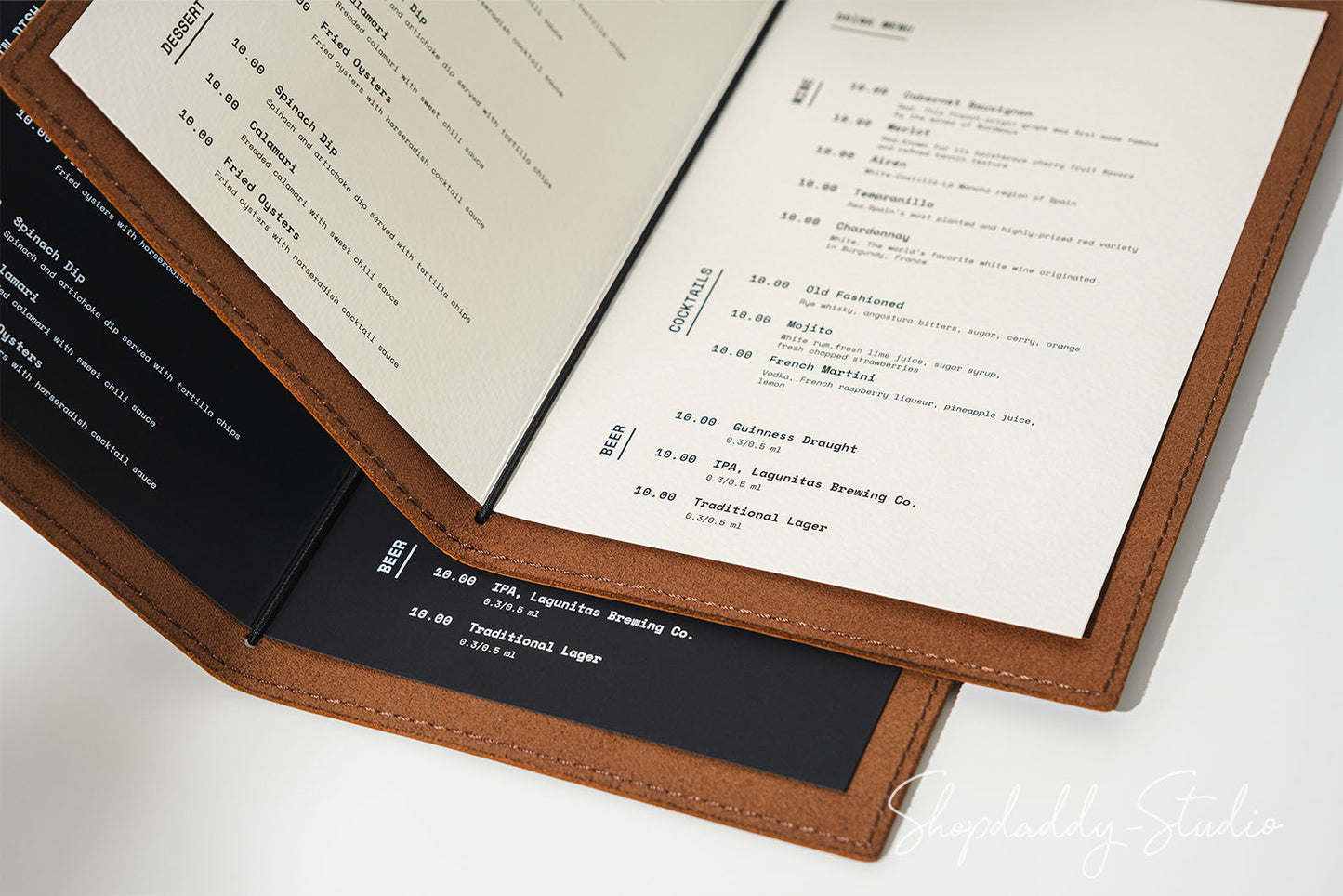 Brown Menu Cover with Stitching and Elastic Band for cafe