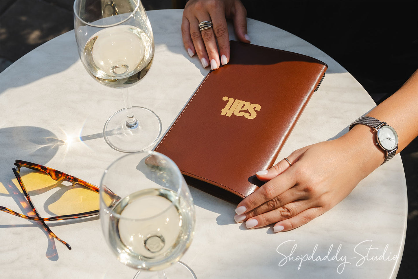 Brown Menu Cover with Stitching and Elastic Band for drink menu
