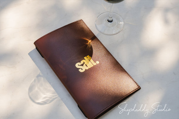 Brown Menu Cover with Stitching and Elastic Band for wine list