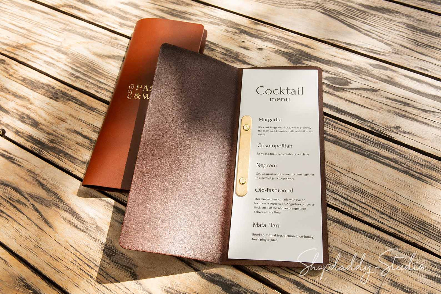Brown Thick Leather Menu Cover with Brass Plank