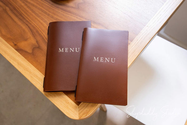 Brown Thick Leather Menu Cover with Elastic Band Set of 10 with logo