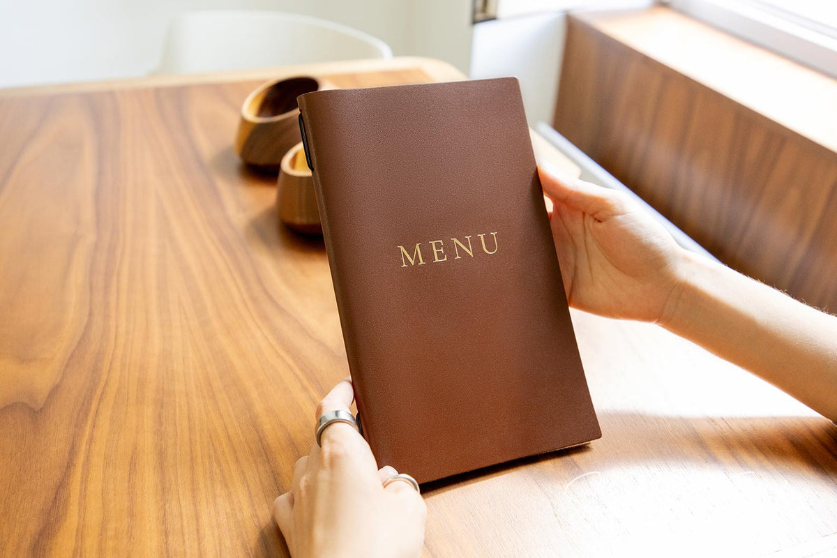 Brown Thick Leather Menu Cover with Elastic Band for drink and food