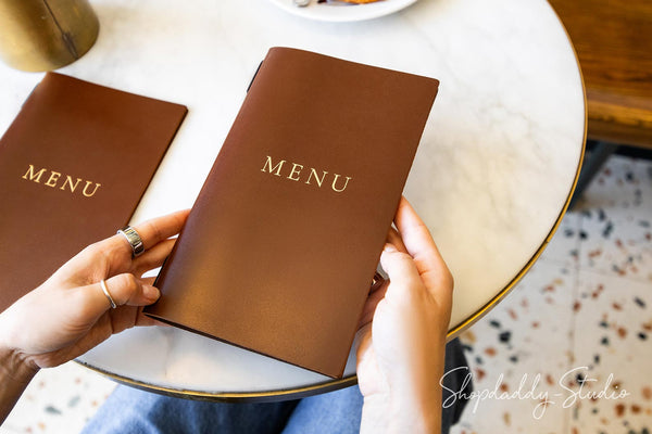 Brown Thick Leather Menu Cover with Elastic Band for food and drink