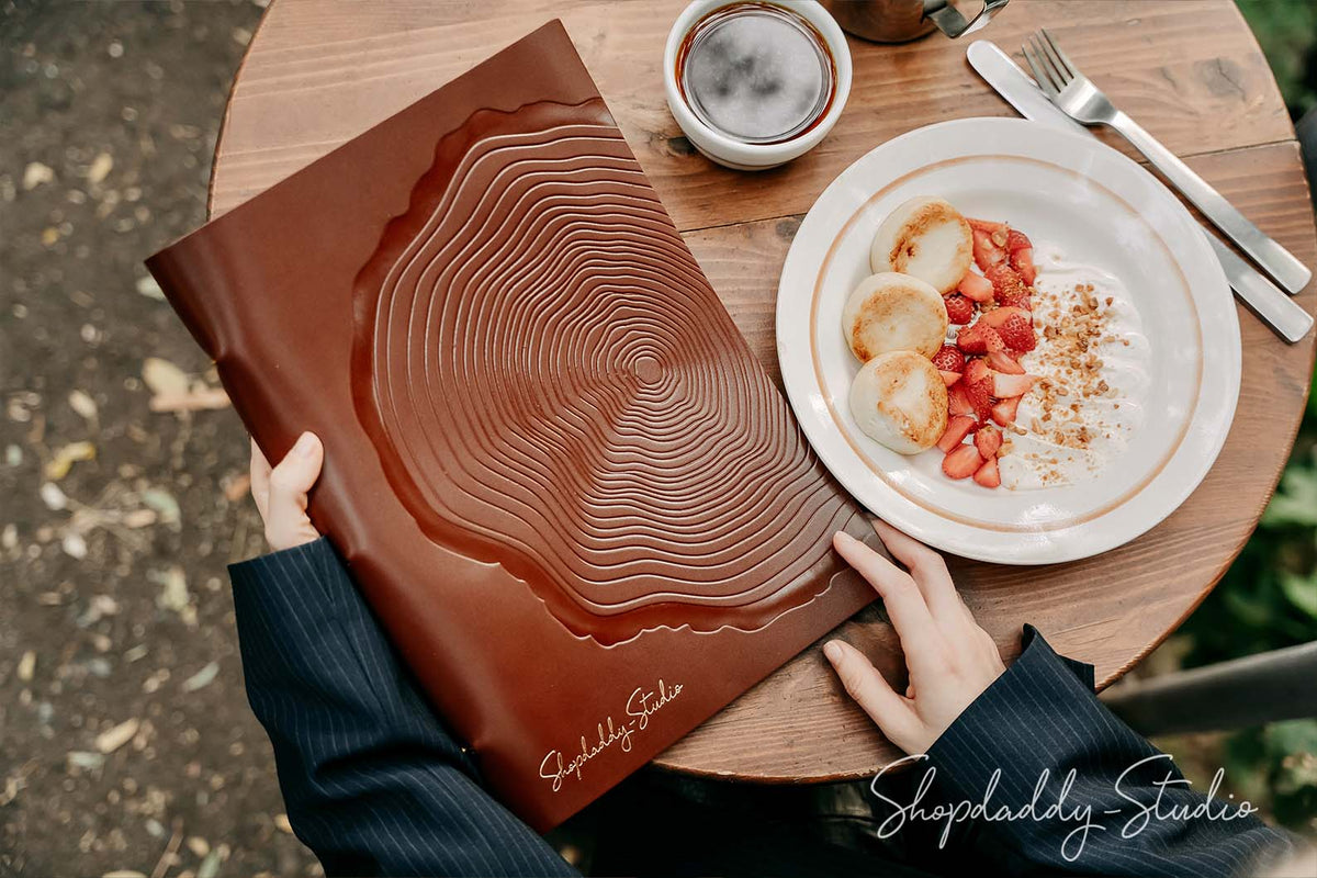 Brown Thick Leather Menu Cover with Golden Rings
